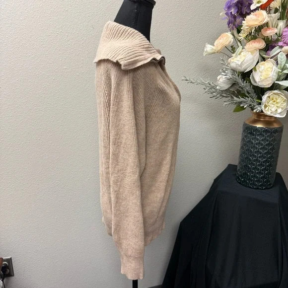Beige Ribbed Half Zip Collared Sweater XXL | Cozy Fall Winter Knit Pullover - Picture 6 of 10